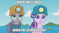 Size: 896x499 | Tagged: safe, edit, edited screencap, screencap, maud pie, starlight glimmer, earth pony, pony, g4, rock solid friendship, discovery family logo, duo, helmet, implied drugs, meme, mining helmet, shrunken pupils, where will you be when the drugs kick in?