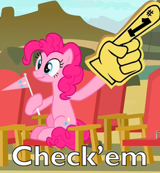 Size: 985x1065 | Tagged: safe, edit, edited screencap, screencap, pinkie pie, earth pony, pony, g4, rock solid friendship, check em, cropped, dubs, female, foam finger, solo