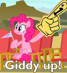 Size: 983x1064 | Tagged: safe, edit, edited screencap, screencap, pinkie pie, earth pony, pony, g4, rock solid friendship, 4chan cup, cropped, female, foam finger, giddy up, solo