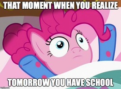 Size: 680x499 | Tagged: safe, edit, edited screencap, screencap, pinkie pie, earth pony, pony, g4, rock solid friendship, bed, clothes, faic, female, frown, image macro, imgflip, impact font, mare, meme, pajamas, solo, text, underhoof, wide eyes