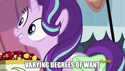 Size: 885x500 | Tagged: safe, edit, edited screencap, screencap, starlight glimmer, pony, g4, rock solid friendship, discovery family logo, faic, female, image macro, lip bite, meme, solo, varying degrees of want, want