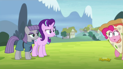 Size: 1366x768 | Tagged: safe, screencap, maud pie, pinkie pie, starlight glimmer, earth pony, pony, g4, rock solid friendship, discovery family logo, pizza delivery, pizza head, ponyville