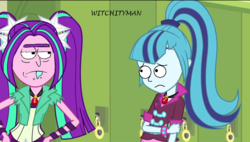 Size: 1272x720 | Tagged: safe, artist:witchityman, edit, edited screencap, screencap, aria blaze, sonata dusk, equestria girls, g4, my little pony equestria girls: rainbow rocks, aricka blaze, morty smith, rick and morty, rick sanchez, sonorty dusk, unibrow