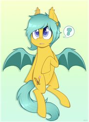 Size: 916x1250 | Tagged: safe, artist:higglytownhero, oc, oc only, bat pony, pony, cute, female, gradient background, mare, ocbetes, question mark, solo, spread wings, wings