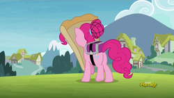 Size: 1366x768 | Tagged: safe, screencap, pinkie pie, earth pony, pony, g4, rock solid friendship, alternate hairstyle, balloonbutt, bun, butt, discovery family logo, female, hairnet, mare, pizza delivery, pizza head, plot, ponyville, solo