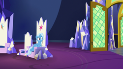 Size: 1280x720 | Tagged: safe, screencap, trixie, pony, unicorn, all bottled up, g4, belly, female, hoof on belly, mare, solo, twilight's castle