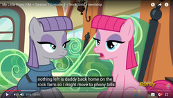 Size: 1366x768 | Tagged: safe, edit, edited screencap, screencap, maud pie, pinkie pie, earth pony, pony, g4, rock solid friendship, behaving like maud pie, caption, discovery family logo, friendship express, imitation, meme, youtube, youtube caption