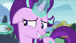 Size: 1366x768 | Tagged: safe, screencap, starlight glimmer, pony, g4, rock solid friendship, discovery family logo, female, glowing horn, horn, kite, lip bite, magic, mare, solo, telekinesis