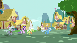 Size: 1280x720 | Tagged: safe, screencap, clarity cut, granny smith, starlight glimmer, trixie, earth pony, pony, all bottled up, g4, heart, jeweler pony, mountain, nut cart, ponyville, tree