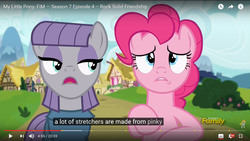 Size: 1366x768 | Tagged: safe, screencap, maud pie, pinkie pie, earth pony, pony, g4, rock solid friendship, discovery family logo, meme, youtube, youtube caption