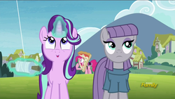 Size: 1366x768 | Tagged: safe, screencap, maud pie, pinkie pie, starlight glimmer, pony, unicorn, g4, rock solid friendship, cute, discovery family logo, female, glimmerbetes, glowing horn, horn, kite, magic, mare, pizza delivery, pizza head, telekinesis