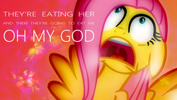 Size: 1920x1080 | Tagged: safe, artist:finaglerific, artist:sirspikensons, fluttershy, g4, female, funny, horrified, open mouth, parody, reference, solo, troll 2, vector, wallpaper