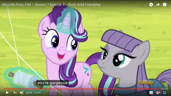 Size: 1366x768 | Tagged: safe, screencap, maud pie, starlight glimmer, earth pony, pony, g4, rock solid friendship, discovery family logo, harsher in hindsight, implied lesbian, implied shipping, implied starmaud, meme, youtube, youtube caption