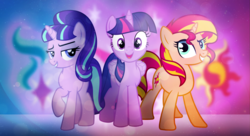 Size: 1980x1080 | Tagged: safe, artist:bubbly-storm, artist:cezaryy, artist:couldysky, artist:strawberry-pannycake, starlight glimmer, sunset shimmer, twilight sparkle, alicorn, pony, unicorn, g4, counterparts, cutie mark, excited, folded wings, horn, looking at you, open mouth, open smile, raised hoof, remake, smiling, smiling at you, smirk, twilight sparkle (alicorn), twilight's counterparts, vector, wallpaper, wings