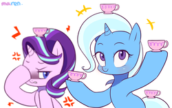 Size: 1900x1200 | Tagged: safe, artist:maren, starlight glimmer, trixie, pony, unicorn, all bottled up, g4, annoyed, balancing, cup, cute, female, mare, simple background, teacup, that pony sure does love teacups, white background