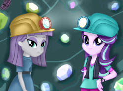Size: 3400x2500 | Tagged: safe, artist:liniitadash23, maud pie, starlight glimmer, equestria girls, g4, rock solid friendship, cavern, clothes, crystal, duo, eyeshadow, gem, gem cave, hard hat, hat, helmet, high res, lidded eyes, looking at you, makeup, mining helmet, show accurate, watch