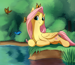 Size: 2000x1735 | Tagged: safe, artist:vistamage, fluttershy, butterfly, pegasus, pony, g4, cute, female, folded wings, lake, looking sideways, mare, prone, shyabetes, smiling, solo, turned head, water