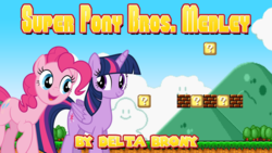 Size: 1024x576 | Tagged: safe, artist:dashiemlpfim, artist:dashiesparkle, artist:luckreza8, pinkie pie, twilight sparkle, alicorn, pony, g4, ? block, cloud, grass, image macro, meme, super mario bros., text, twilight sparkle (alicorn)