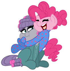 Size: 3000x3062 | Tagged: safe, artist:befishproductions, maud pie, pinkie pie, earth pony, pony, g4, rock solid friendship, clothes, footed sleeper, hair curlers, happy, high res, hug, pajamas, pie sisters pajamas, simple background, transparent background