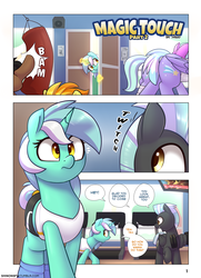 Size: 1280x1766 | Tagged: safe, artist:shinodage, cloudchaser, flitter, lyra heartstrings, spitfire, thunderlane, pony, unicorn, comic:magic touch, comic:magic touch part 2, butt, casual nudity, clothes, comic, explicit lore, explicit source, female, glowing horn, gym, gym shorts, gym uniform, hand, indoors, magic, magic hands, male, mare, midriff, multicolored mane, multicolored tail, nudity, orange eyes, plot, prostitution, punching bag, short mane, shorts, smiling, speech bubble, stallion, tanktop, tinyface, tomboy, treadmill, wing hands