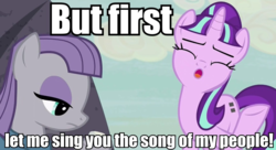 Size: 960x524 | Tagged: safe, edit, edited screencap, screencap, maud pie, starlight glimmer, earth pony, pony, g4, rock solid friendship, equal cutie mark, image macro, meme, song of my people