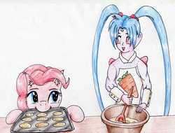 Size: 3226x2451 | Tagged: safe, artist:40kponyguy, derpibooru exclusive, pinkie pie, g4, baking, bowl, carrot, cookie, crossover, food, high res, looking at each other, mixing bowl, pigtails, sasami, simple background, tenchi muyo, traditional art, white background