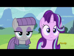 Size: 480x360 | Tagged: safe, screencap, maud pie, pinkie pie, starlight glimmer, earth pony, pony, g4, rock solid friendship, animated, black bars, clothes, costume, discovery family logo, female, gif, letterboxing, pizza delivery, pizza head