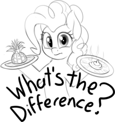 Size: 1382x1471 | Tagged: safe, artist:zippysqrl, derpibooru exclusive, pinkie pie, earth pony, pony, g4, bust, female, food, grayscale, looking at you, mare, monochrome, pineapple, pineapple pizza, pizza, poop, simple background, sketch, solo, take that, white background