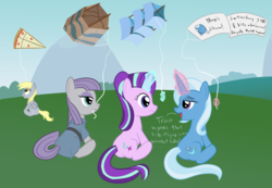 Size: 1300x900 | Tagged: safe, artist:mightyshockwave, derpy hooves, maud pie, starlight glimmer, trixie, earth pony, pegasus, pony, unicorn, g4, rock solid friendship, advertising, banner, dialogue, female, food, kite, kite flying, magic, mare, mouth hold, pizza, sitting