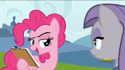 Size: 1136x640 | Tagged: safe, screencap, maud pie, pinkie pie, earth pony, pony, g4, rock solid friendship, clipboard, discovery family logo, raised eyebrow