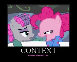 Size: 750x600 | Tagged: safe, edit, edited screencap, screencap, maud pie, pinkie pie, earth pony, pony, g4, rock solid friendship, caption, clothes, demotivational poster, hair curlers, lidded eyes, meme, onesie, out of context, pajamas, pie sisters pajamas, recontextualized