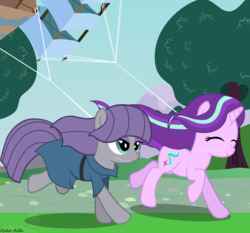Size: 6509x6061 | Tagged: safe, artist:asika-aida, maud pie, starlight glimmer, earth pony, pony, unicorn, g4, rock solid friendship, absurd resolution, best friends, clothes, cute, eyes closed, glimmerbetes, kite, mouth hold, scenery, smiling