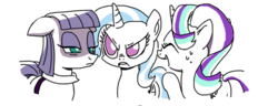 Size: 480x185 | Tagged: safe, artist:foudubulbe, edit, maud pie, starlight glimmer, trixie, earth pony, pony, unicorn, comic:damp rocks, g4, cropped, female, hilarious in hindsight, jealous, lesbian, looking at each other, mare, out of context, ship:mauxie, shipping, simple background, smiling, suggestive source, white background