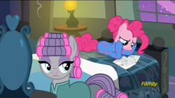 Size: 1136x640 | Tagged: safe, screencap, maud pie, pinkie pie, pony, g4, rock solid friendship, bed, charts and graphs, clothes, discovery family logo, footed sleeper, hair curlers, pajamas, pie sisters pajamas