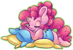 Size: 4821x3308 | Tagged: safe, artist:cutepencilcase, pinkie pie, earth pony, pony, g4, eyes closed, female, high res, pillow, prone, simple background, sleeping, smiling, solo, transparent background