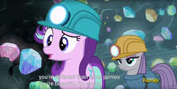 Size: 1920x970 | Tagged: safe, screencap, maud pie, starlight glimmer, earth pony, pony, g4, rock solid friendship, discovery family logo, hard hat, harsher in hindsight, hat, helmet, implied lesbian, implied shipping, implied starmaud, meme, mining helmet, youtube caption