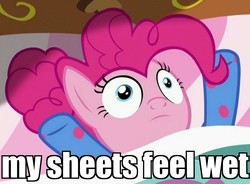 Size: 1054x774 | Tagged: safe, edit, edited screencap, screencap, pinkie pie, earth pony, pony, g4, my little pony: friendship is magic, rock solid friendship, bed, clothes, dialogue, faic, female, image macro, implied bedwetting, implied pissing, implied urine, implied wetting, meme, onesie, pajamas, pie sisters pajamas, solo, wide eyes