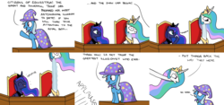 Size: 3600x1680 | Tagged: safe, artist:hoofclid, princess celestia, princess luna, trixie, alicorn, pony, unicorn, g4, celestia is not amused, comic, dialogue, female, illusion, impossibly long neck, laughing, long neck, magic, mare, princess necklestia, stretching, this will end in tears and/or a journey to the moon, trick, unamused, wat