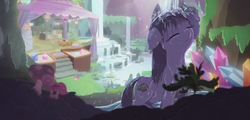 Size: 1336x643 | Tagged: safe, artist:grissaecrim, maud pie, earth pony, pony, snail, g4, rock solid friendship, bath, bathing, cave, crystal, cute, dark, eyes closed, female, floppy ears, frown, gem, mare, maud's cave, messy mane, mushroom, outdoor bathing, outdoors, scenery, solo, water, waterfall, waterfall shower, wet, wet mane