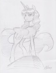 Size: 783x1020 | Tagged: safe, artist:johnjoseco, oc, oc only, oc:moonbrush, alicorn, pony, alicorn oc, female, grayscale, mare, monochrome, sketch, smiling, solo, traditional art