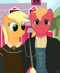 Size: 2700x3300 | Tagged: safe, artist:nuka-kitty, applejack, big macintosh, earth pony, pony, g4, american gothic, glasses, high res, male, pitchfork, stallion, sweet apple acres