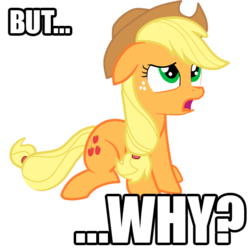 Size: 512x512 | Tagged: safe, artist:scootaloo24, edit, applejack, earth pony, pony, g4, female, hat, image macro, looking up, meme, open mouth, reaction image, simple background, sitting, solo, transparent background