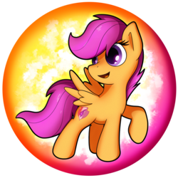 Size: 900x900 | Tagged: safe, artist:flamevulture17, scootaloo, pegasus, pony, g4, commission, female, looking back, orb, raised hoof, smiling, solo