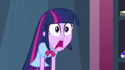 Size: 1024x576 | Tagged: safe, screencap, twilight sparkle, equestria girls, g4, my little pony equestria girls, bowtie, female, funny face, jaw drop, open mouth, solo, surprised, twilight sparkle (alicorn)