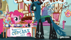 Size: 480x270 | Tagged: safe, artist:mixermike622, pinkie pie, queen chrysalis, changeling, earth pony, pony, g4, :i, animated, blinking, cupcake, fluffle puff tales, food, gif, khuppkheighckes, ponk, ponyville, rainbow cupcake, rocking, sale, sign, sugarcube corner, youtube link