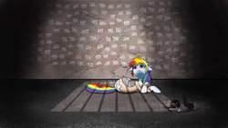 Size: 4800x2700 | Tagged: safe, artist:vtruss1, rainbow dash, mouse, pony, rat, the count of monte rainbow, g4, clothes, crossover, everyday a little death, female, floppy ears, high res, jail, prison, rainbow dantes, solo, tally marks, the count of monte cristo, torn clothes