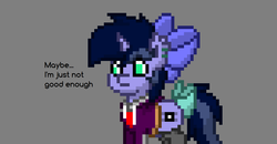 Size: 1298x676 | Tagged: safe, oc, oc only, oc:purple flix, pony, pony town, clothes, depressed, quote, sad, solo