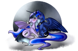 Size: 1200x786 | Tagged: safe, artist:sweetmelon556, princess luna, oc, bat pony, pony, g4, canon x oc, female, lesbian, mare, nuzzling, sitting