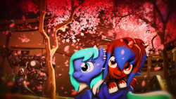 Size: 1920x1080 | Tagged: safe, artist:star-lightstarbright, oc, oc only, oc:heart sketch, oc:starlight starbright, pegasus, pony, unicorn, 3d, cherry blossoms, crossover, female, flower, flower blossom, mare, tree