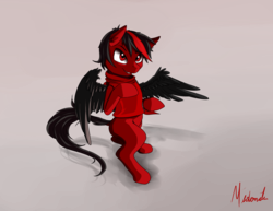 Size: 1400x1080 | Tagged: safe, artist:miokomata, oc, oc only, oc:red pone, pegasus, pony, bipedal, clothes, gray background, male, red and black oc, signature, simple background, solo